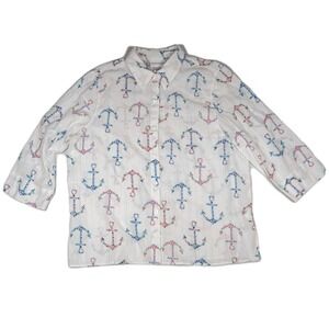 Alfred Dunner Blouse Womens L White 3/4 Sleeve Anchors Floral Metallic Coastal